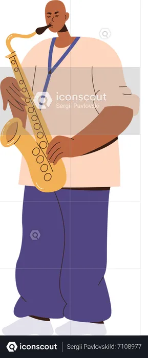 Músico hombre emocionado con saxofón  Ilustración