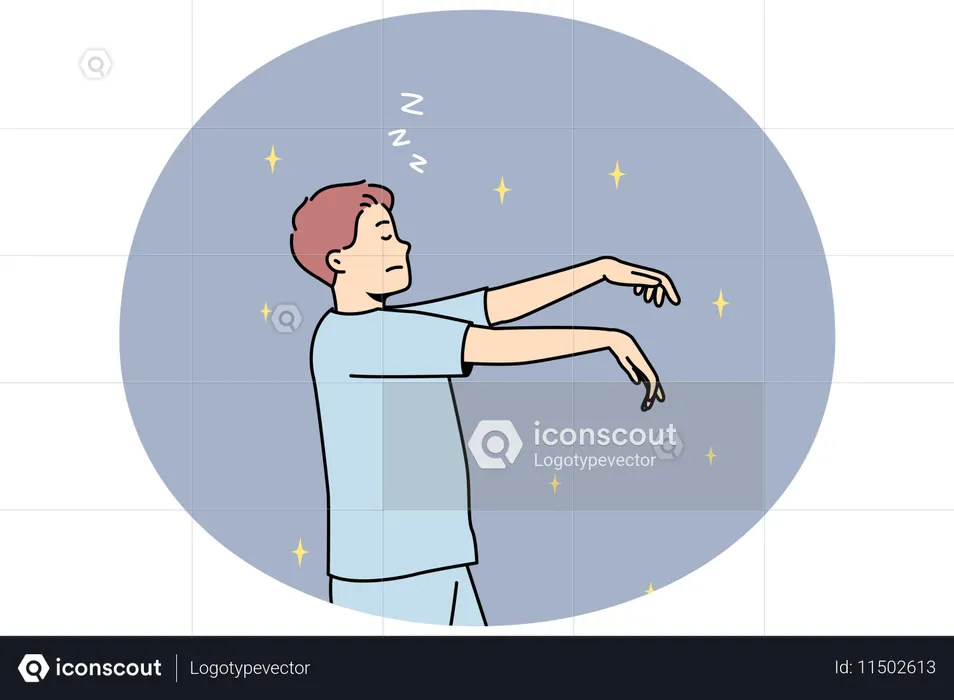Hombre en pijama sonámbulo por la noche  Ilustración