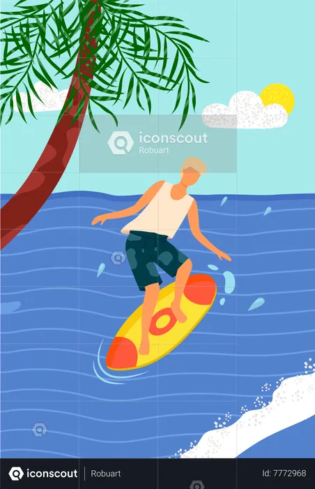 Hombre en tabla de surf en el mar con palma  Ilustración