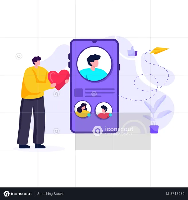 Hombre encontrando pareja usando la aplicación de redes sociales  Ilustración