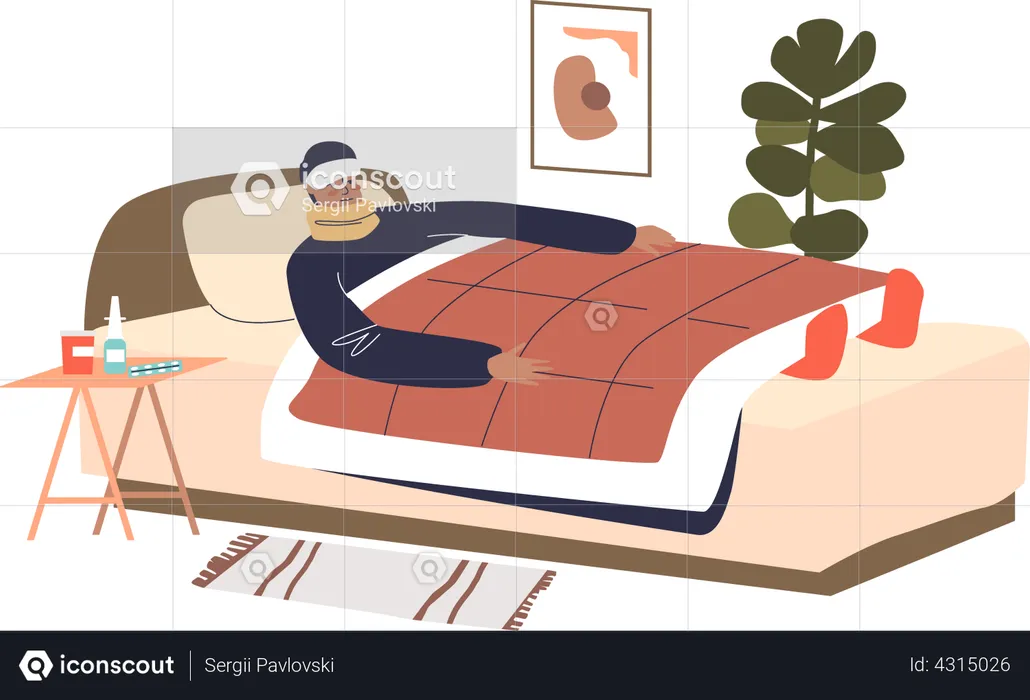 El hombre enfermo acostado en la cama sufre de fiebre  Ilustración