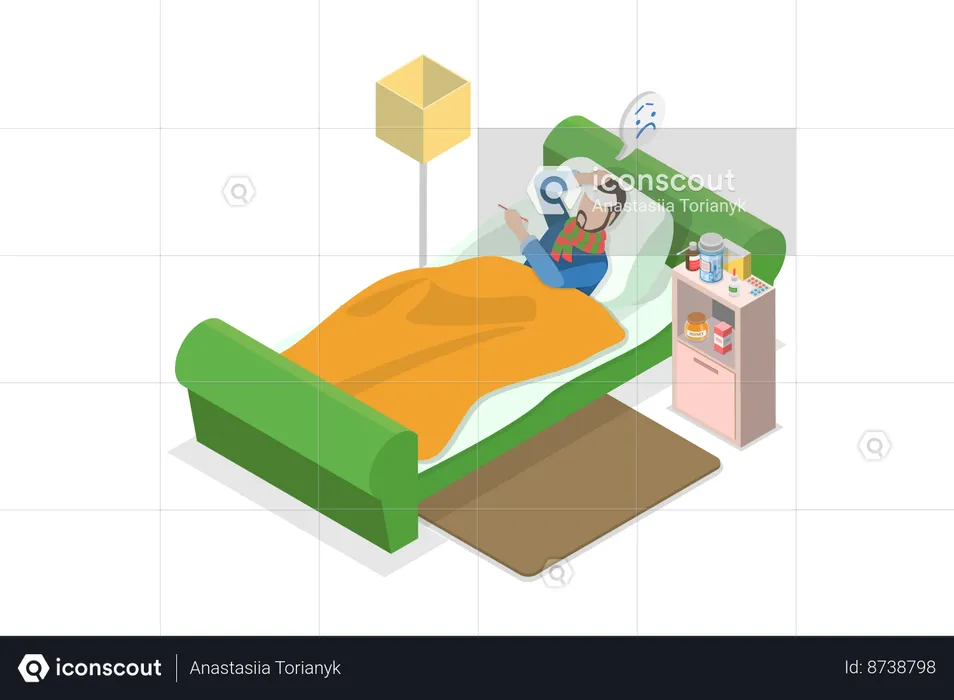 Hombre enfermo en la cama  Ilustración