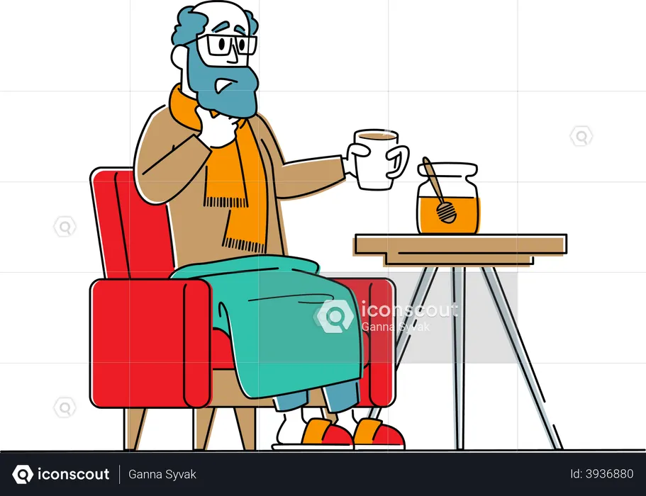 Hombre triste enfermo sentado en un sillón bebiendo bebidas calientes  Ilustración