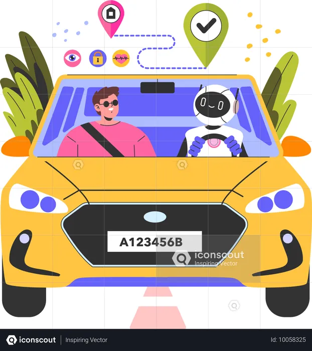 Un hombre enseña a un robot a conducir un coche  Ilustración