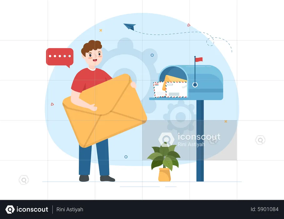 Hombre enviando correo electrónico para promoción  Ilustración