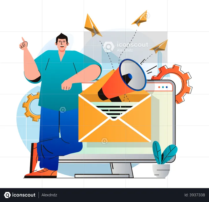 Hombre enviando correos promocionales  Ilustración