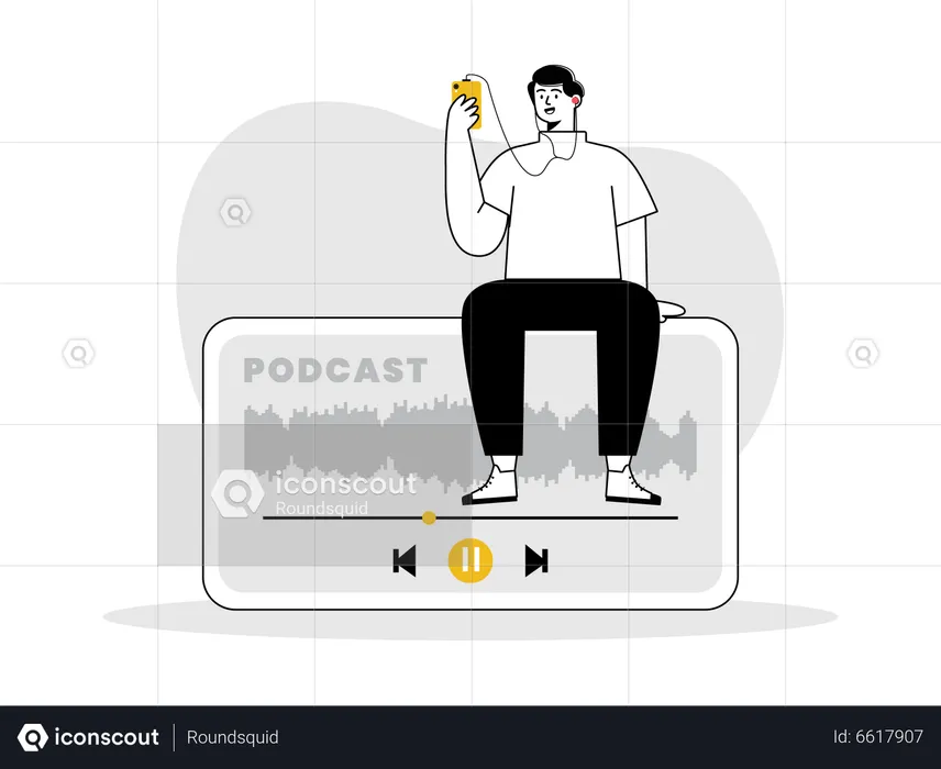 Hombre escuchando podcast de audio  Ilustración