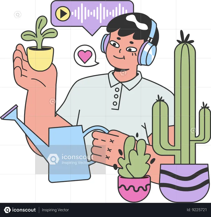 Hombre escuchando podcast mientras riega la planta  Ilustración