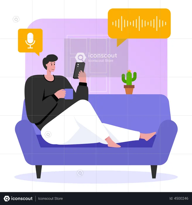 Hombre escuchando podcast mientras está sentado en el sofá  Ilustración