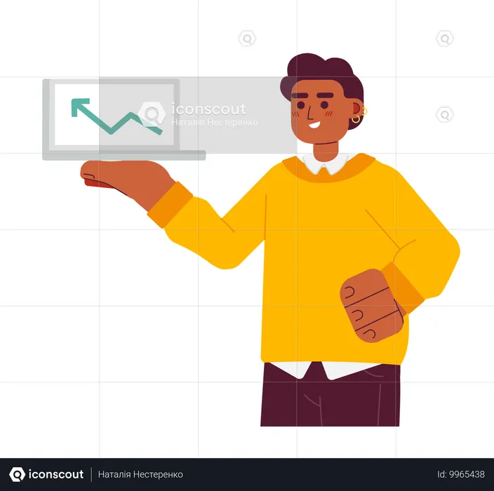 Hombre exitoso inversionista muestra la flecha de ganancias del gráfico en la computadora portátil  Ilustración