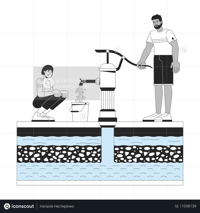 Hombre extrayendo agua subterránea con una bomba manual  Ilustración