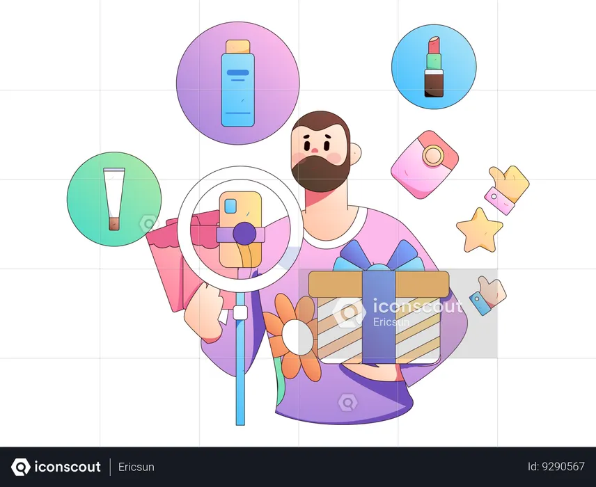 Hombre haciendo vídeo de productos cosméticos.  Ilustración