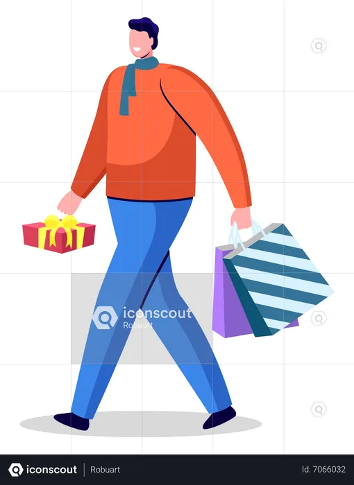 Hombre feliz caminando y sosteniendo bolsas de compras y regalos  Ilustración