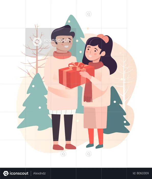 Hombre feliz dando un regalo a una joven en Navidad  Ilustración