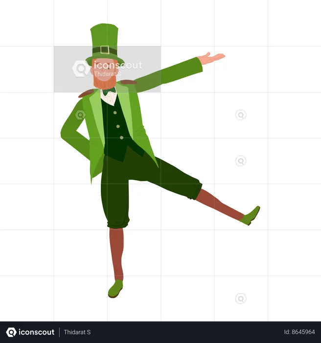 Hombre feliz disfrazado de duende bailando  Ilustración