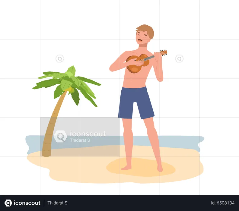 Hombre feliz en la playa tocando el ukelele y cantando  Ilustración