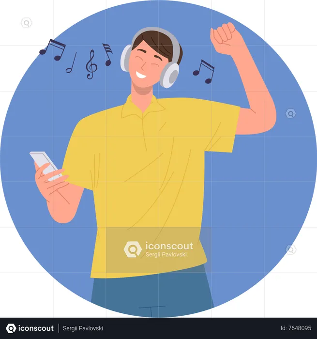 Hombre sonriente feliz con auriculares escuchando música y bailando sintiéndose emocionado  Ilustración