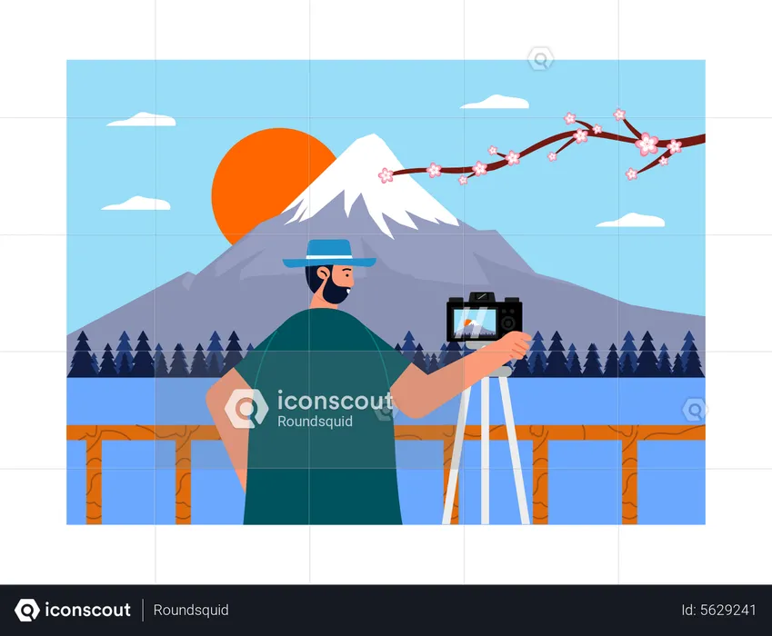 Un hombre graba un vídeo del monte Fuji  Ilustración