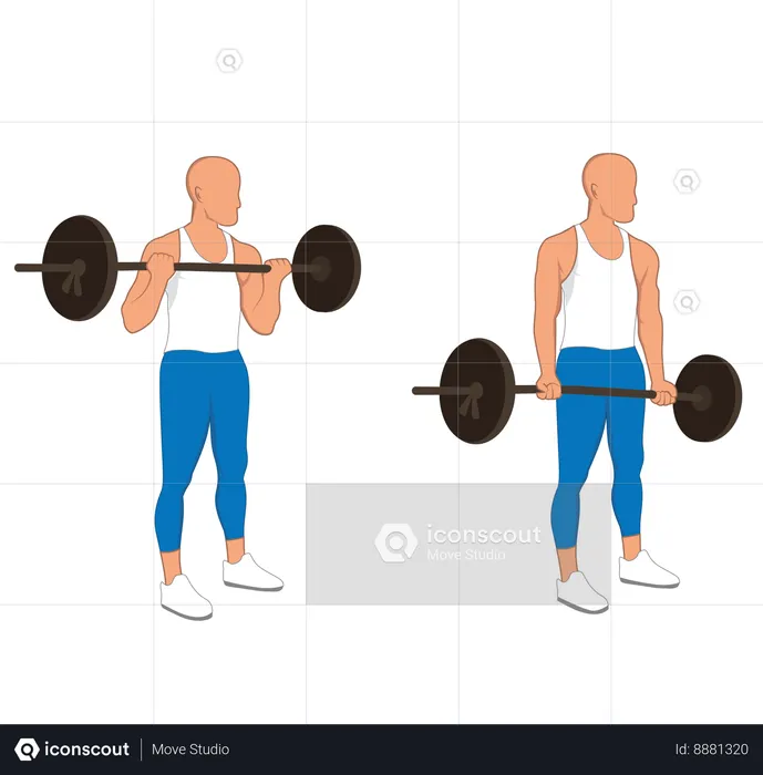 Hombre fitness haciendo curl de bíceps con barra  Ilustración