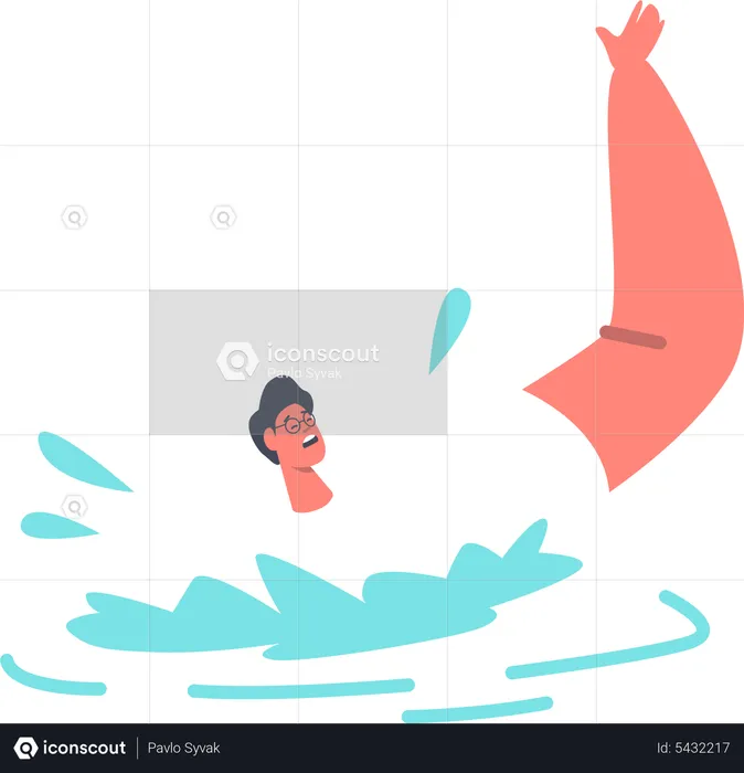 Hombre flotando en el agua pidiendo ayuda  Ilustración