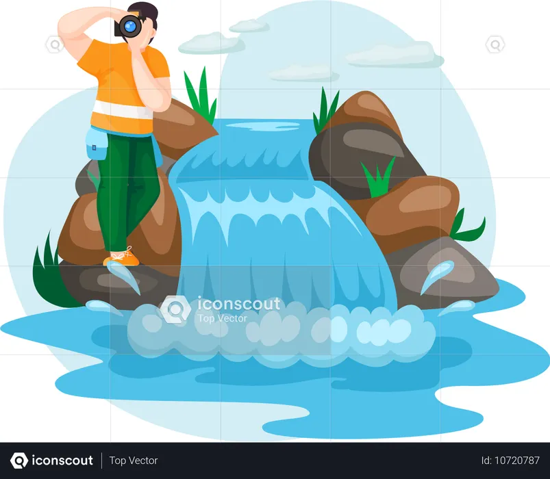 Hombre fotografiando el flujo de agua que cae por la montaña  Ilustración