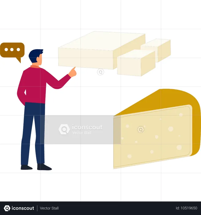 Hombre hablando con un cubo de queso  Ilustración