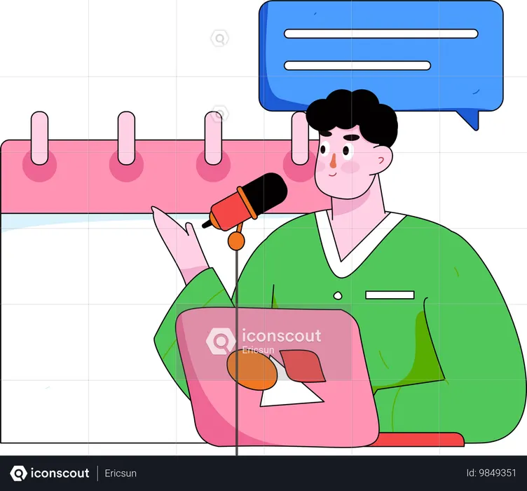 Hombre hablando de calendario de revisión  Ilustración