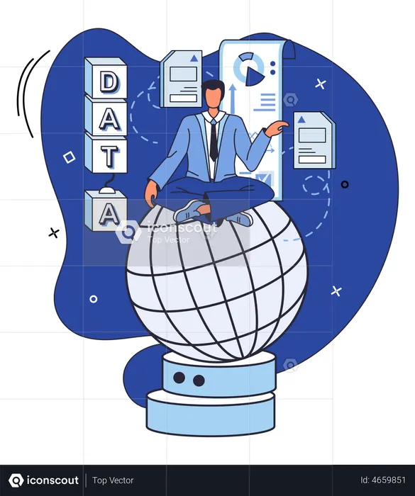 Hombre haciendo análisis de datos sentado en global  Ilustración