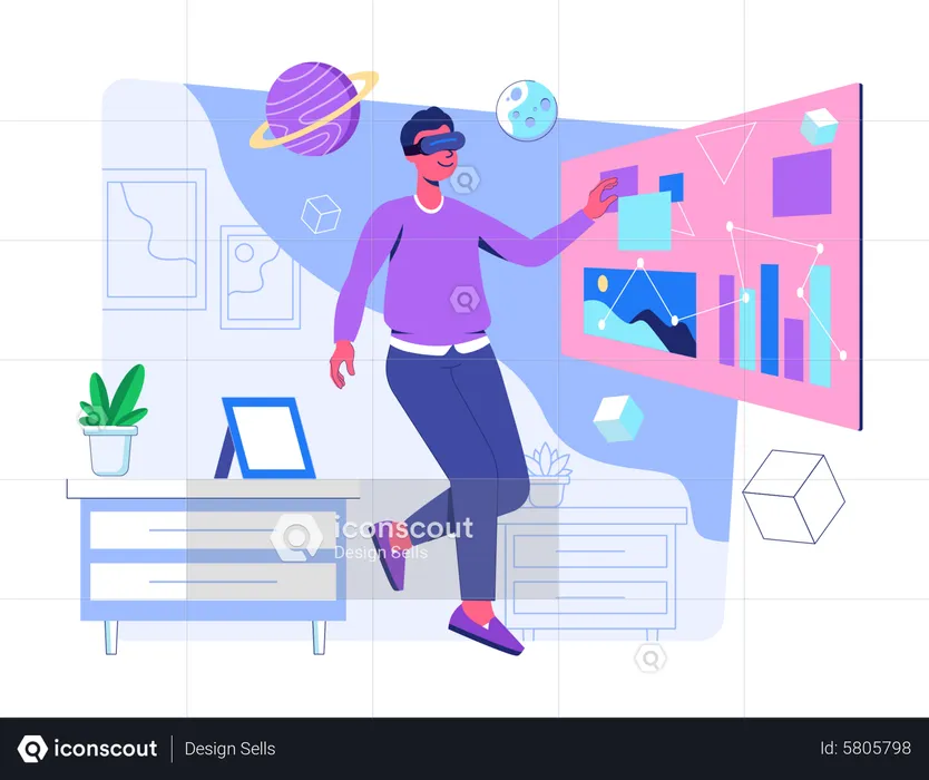 Hombre haciendo análisis de datos de realidad virtual  Ilustración