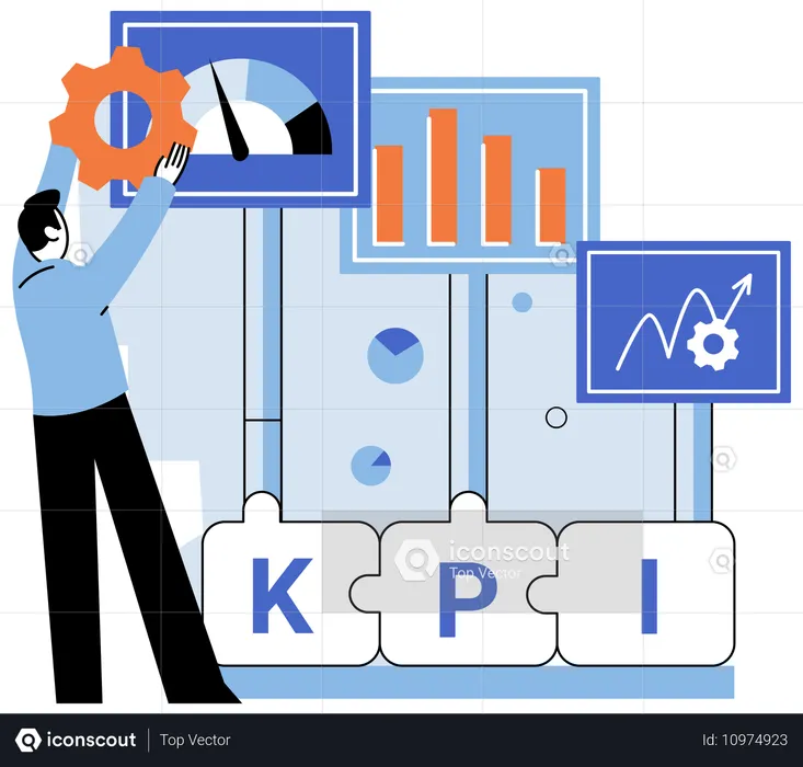 Hombre haciendo análisis de KPI y rendimiento  Ilustración