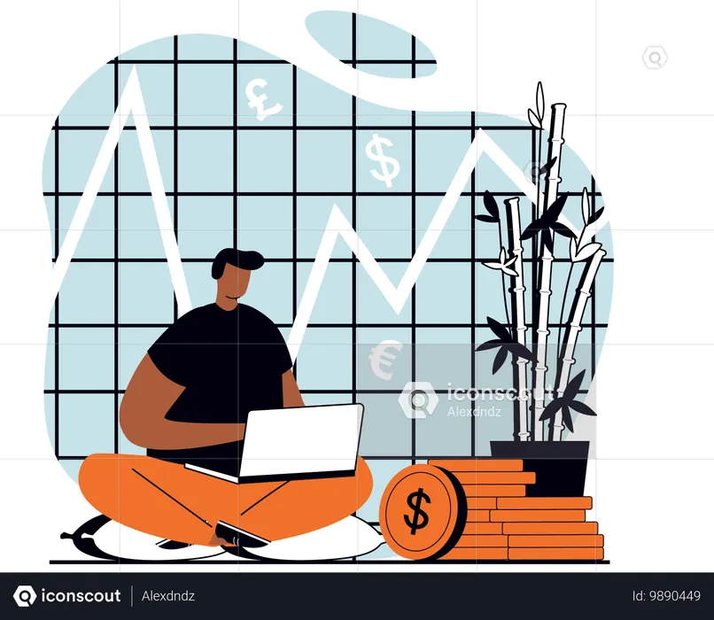 Hombre haciendo análisis financiero usando una computadora portátil  Ilustración