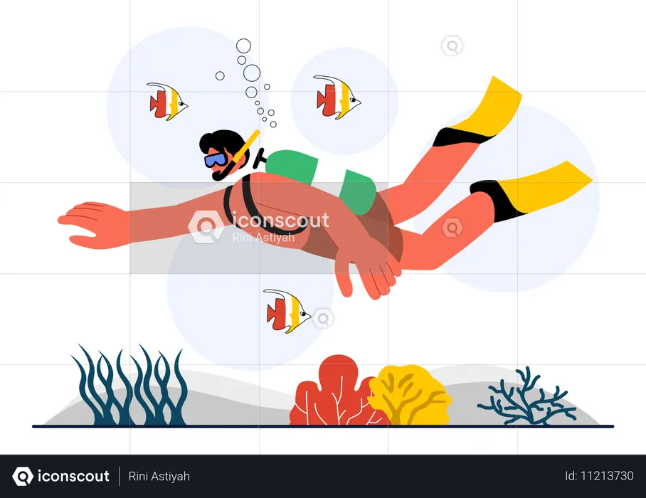 Hombre haciendo buceo en aguas profundas  Ilustración