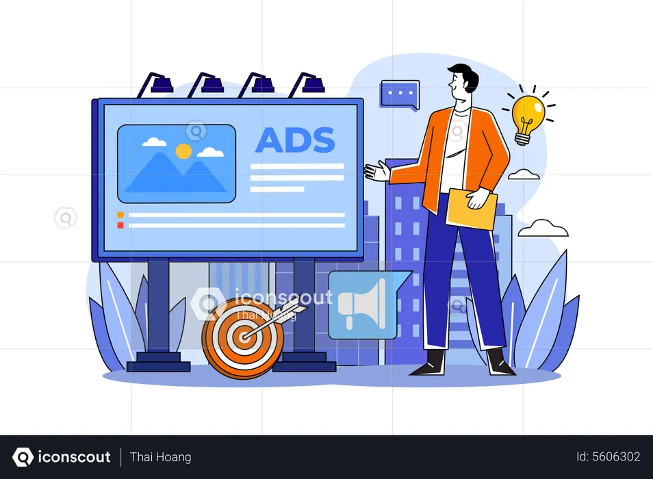 Hombre haciendo marketing en vallas publicitarias  Ilustración