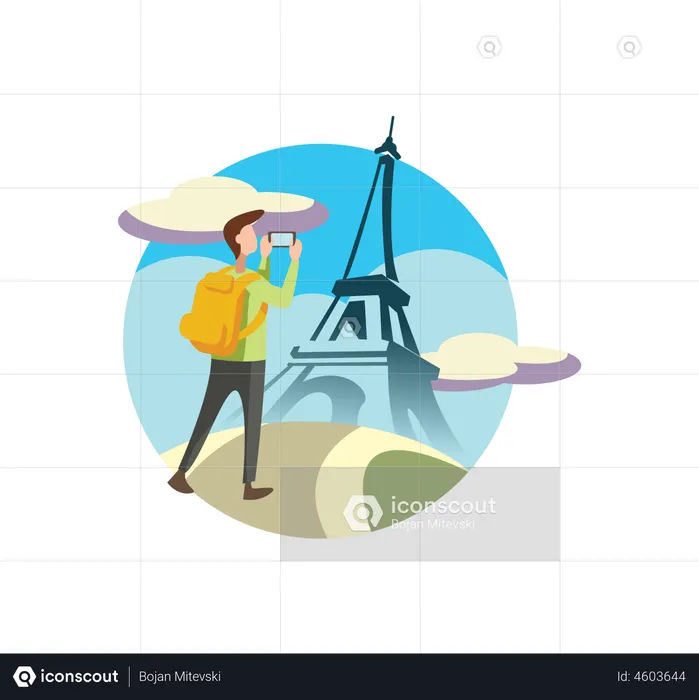 Hombre haciendo clic en la foto de la Torre Eiffel  Ilustración