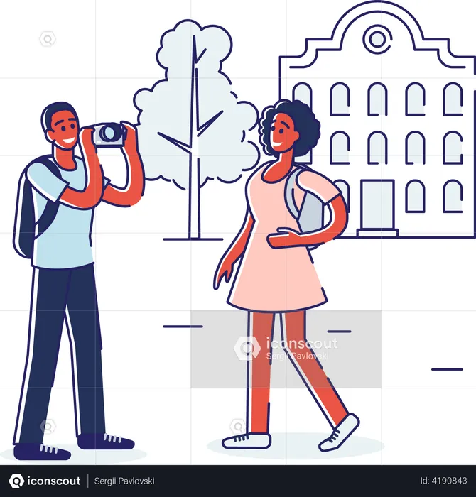 Hombre haciendo clic en la foto de su esposa en un destino turístico  Ilustración