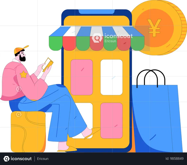 Hombre haciendo compras durante el descuento por teléfono  Ilustración