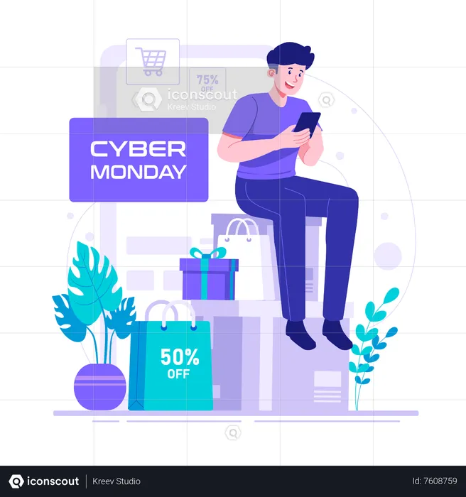 Hombre haciendo compras en línea el lunes cibernético  Ilustración