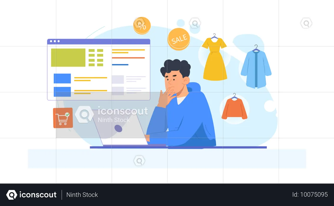 Hombre haciendo compras en línea en un sitio web de compras  Ilustración