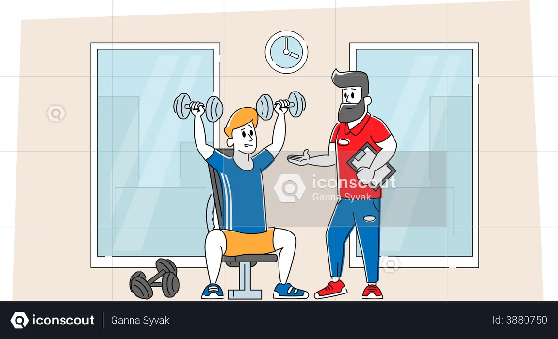 Hombre haciendo ejercicio de hombro en el gimnasio con entrenador  Ilustración