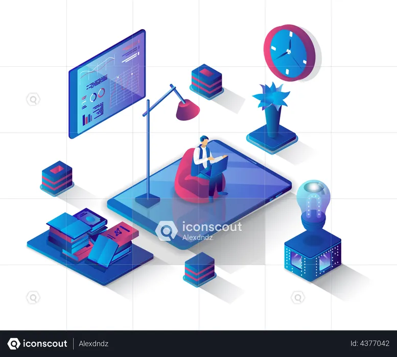 Hombre haciendo trabajo independiente en línea  Ilustración