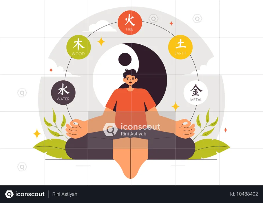 Hombre haciendo meditación de filosofía oriental Feng Shui  Ilustración