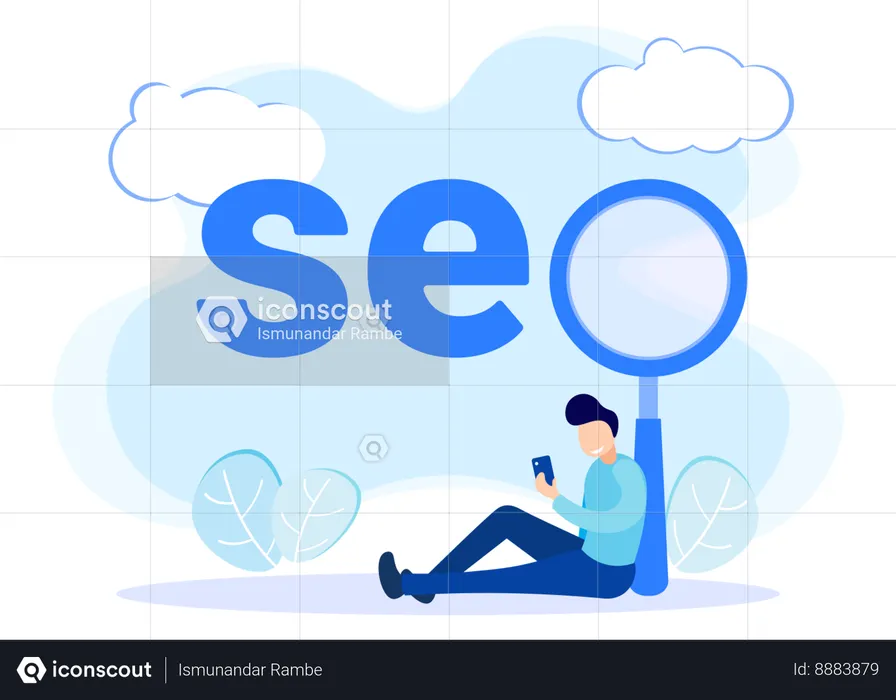 Hombre haciendo investigación Seo en dispositivos móviles  Ilustración