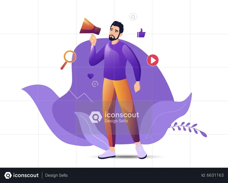 Hombre haciendo marketing en redes sociales  Ilustración