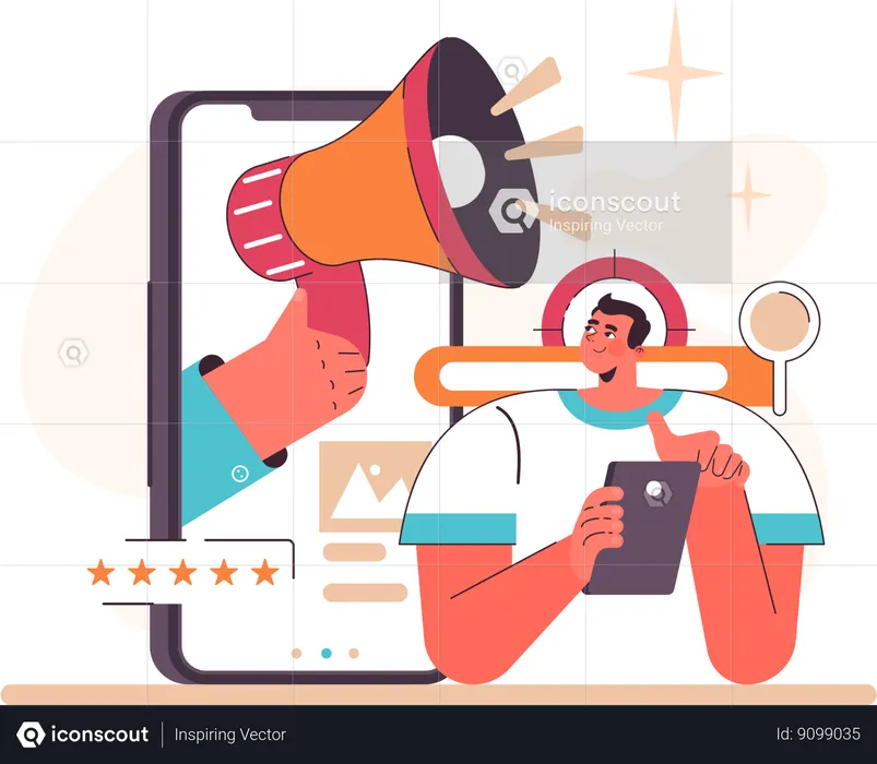 Hombre haciendo revisión de marketing online  Ilustración