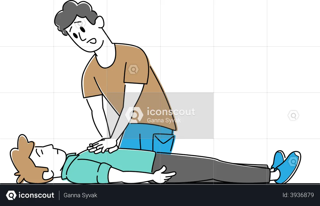 Hombre haciendo masaje cardíaco al hombre tirado en el suelo  Ilustración