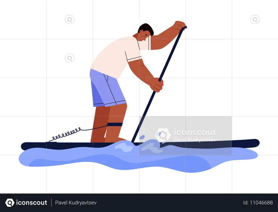 Hombre haciendo paddle surf en el océano  Ilustración