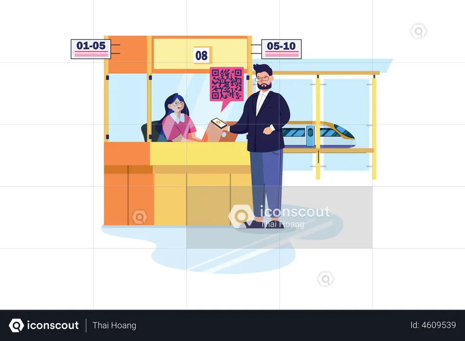 Hombre haciendo pago con escáner QR  Ilustración