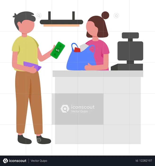 Hombre haciendo pago en efectivo en el mostrador  Ilustración