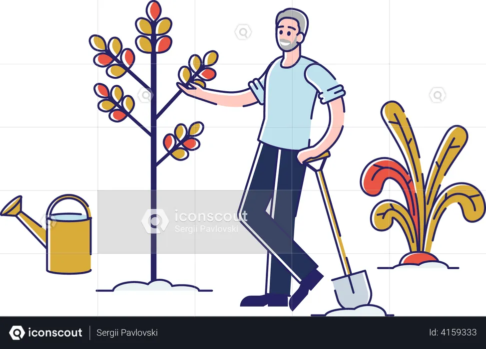 Hombre haciendo plantación y sosteniendo pala  Ilustración