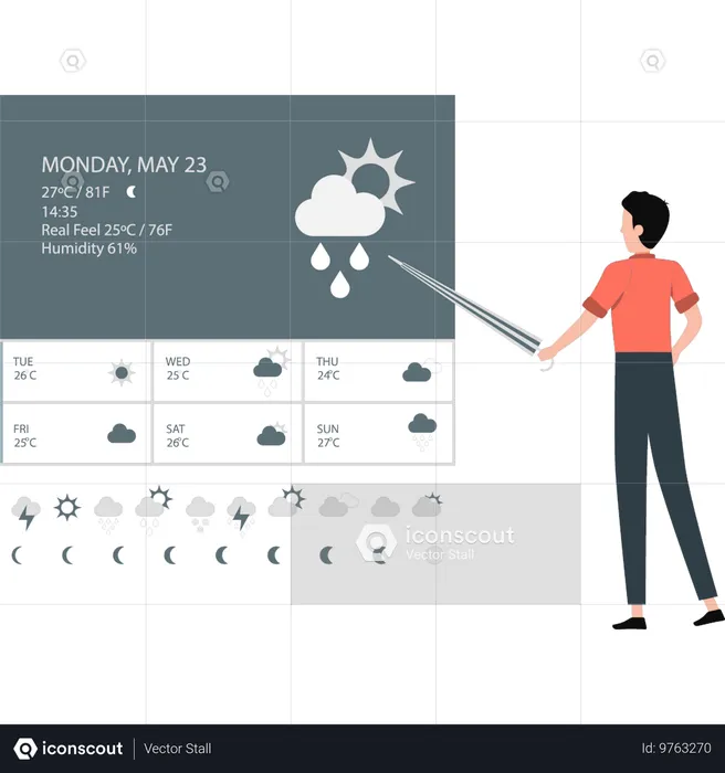 Hombre haciendo pronóstico del tiempo para toda la semana  Ilustración